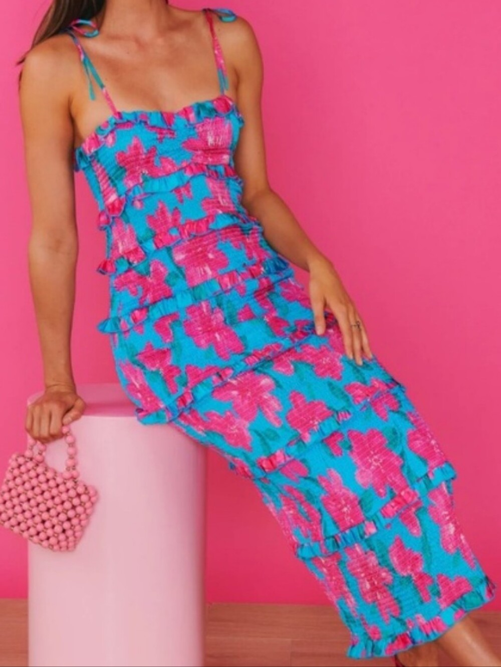 Show Me Your MuMu Stella Smocked Midi Dress in Bright Blue and Hot Pink